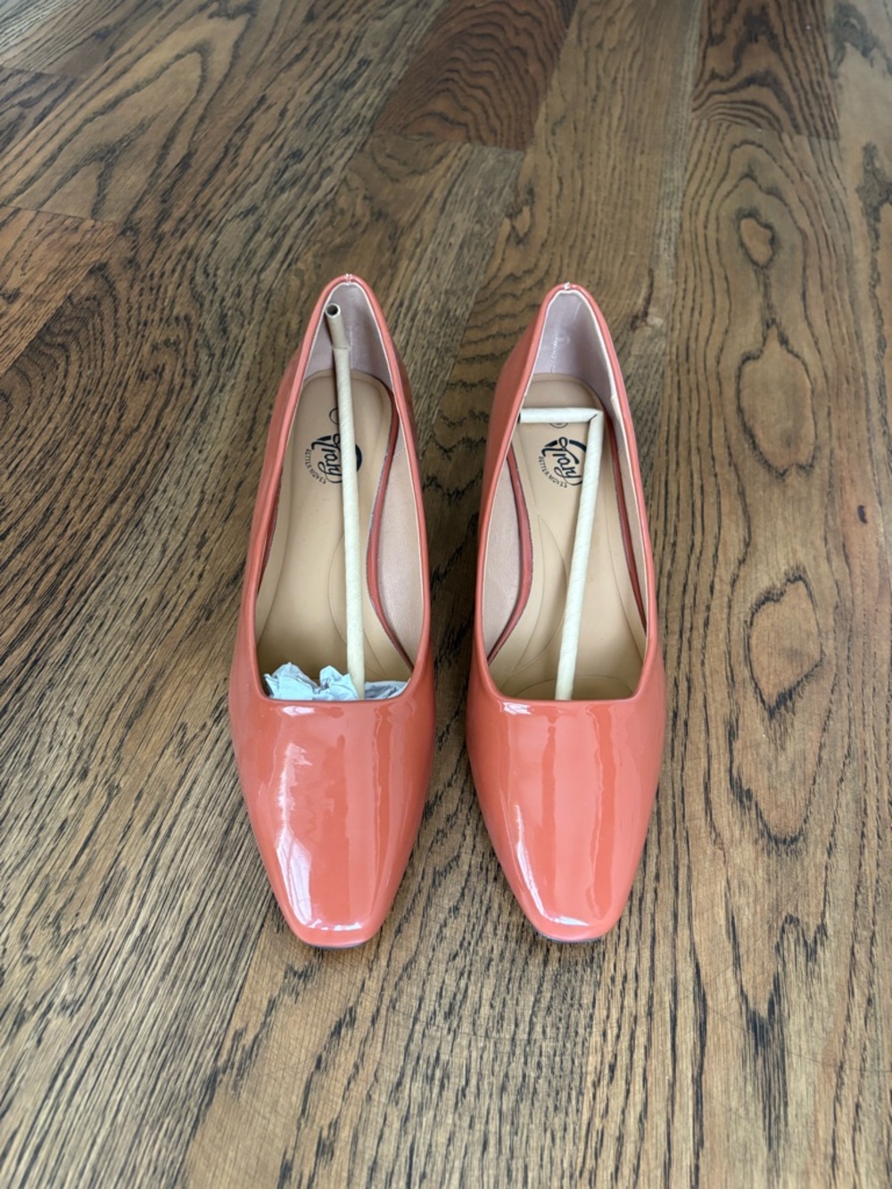 Trary orange Patent Block Heel Pumps
